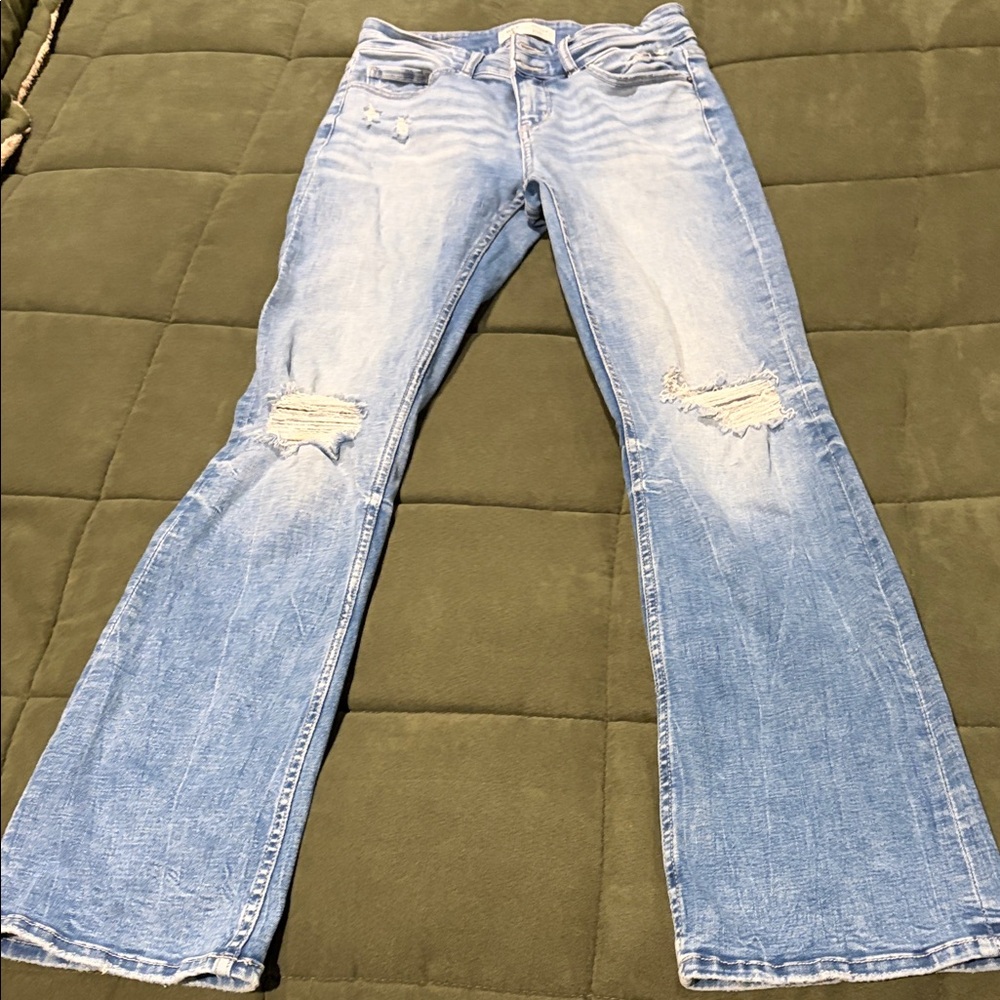 BKE Light Blue Flare Jeans with Distressed Details